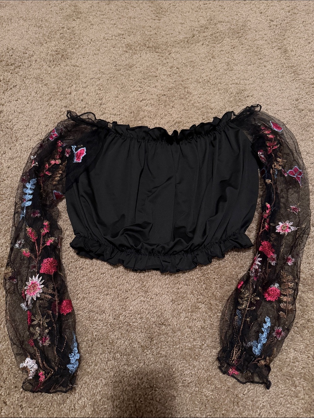 Shein Black Off-Shoulder Crop Top with Embroidered Floral Sheer Sleeves